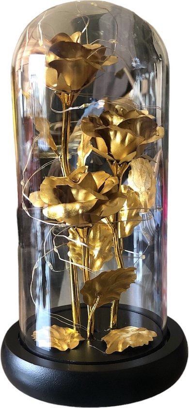 Rose dorée dans une Décoration de cloche en Verres - Accessoires de maison la maison - Statue dorée - Amour - Idée cadeau - Anniversaire - Intemporel - Y compris les piles et l'emballage cadeau