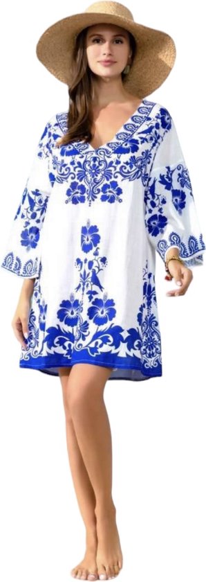 Kaftan - Tuniek - jurk - Strandjurk met print One size S-L wit/blauw
