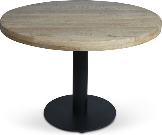 Table à manger Palermo avec plateau rond en bois de manguier finition naturelle d'un diamètre de 110 cm. et 1 pied rond noir sur une plaque de base ronde extra robuste.