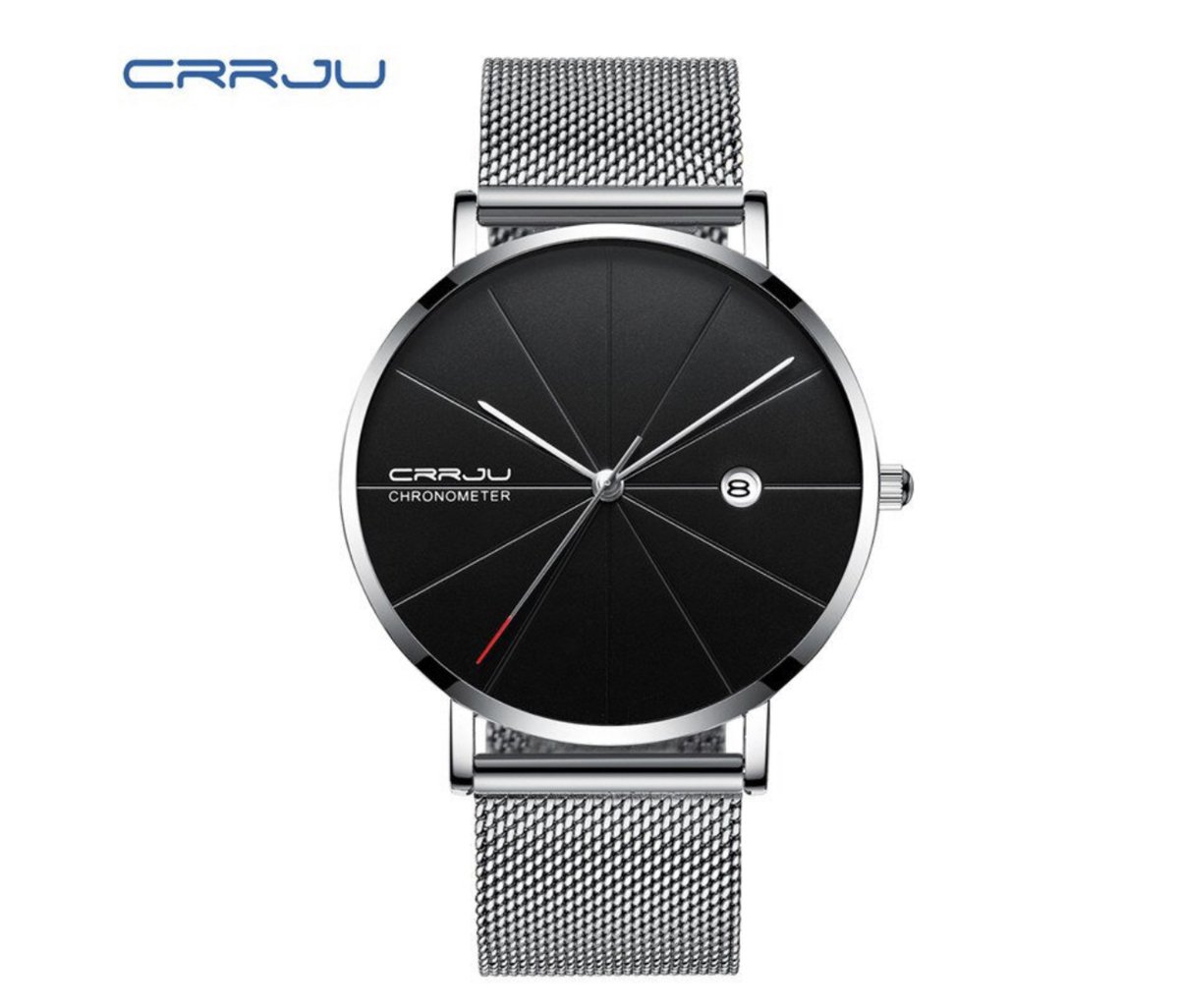 CRRJU Horloge - Zilverkleurig - Zwart - Heren - Analoog - Ø40mm - staal - Datumaanduiding