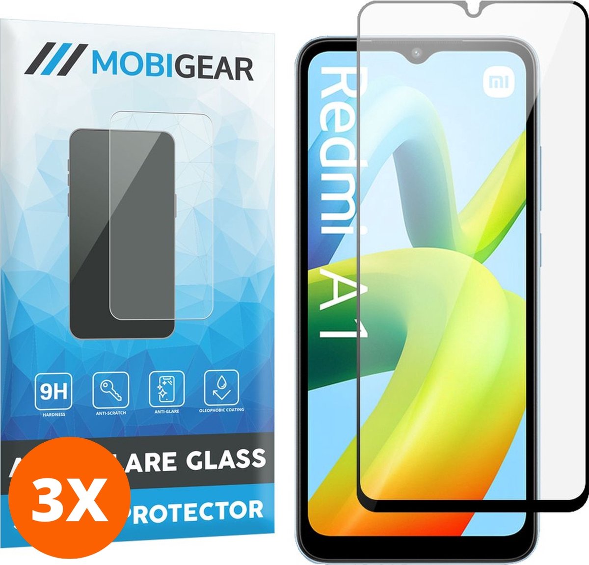 Mobigear Screenprotector geschikt voor Xiaomi Redmi A1 4G Glazen | Mobigear Premium Screenprotector - Case Friendly - Zwart (3-Pack)