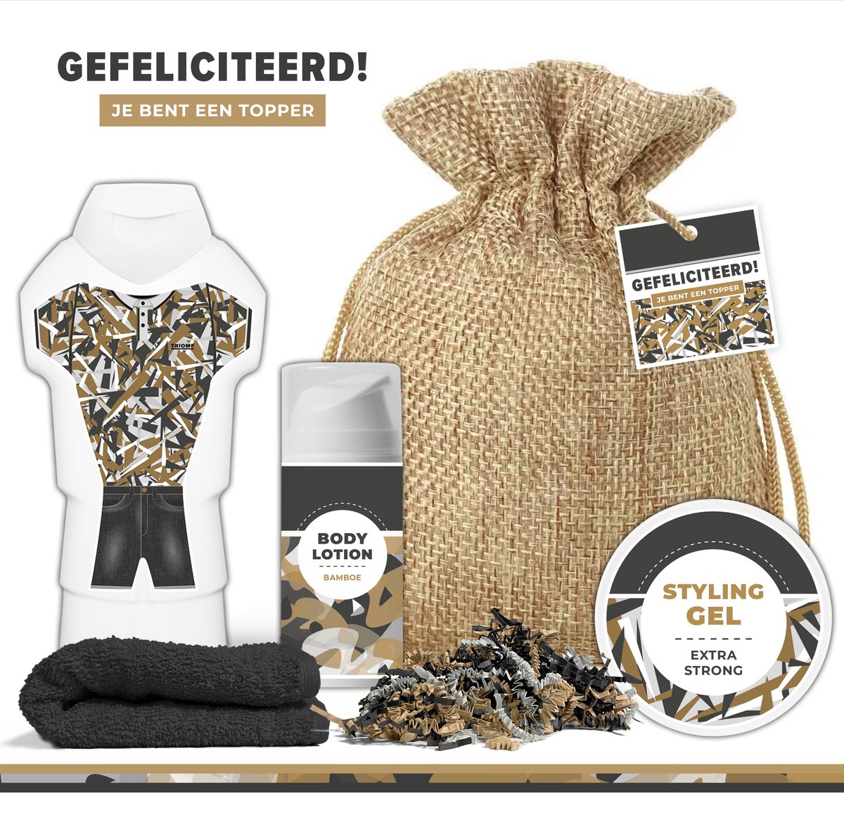 Goedkoopste Geschenkset Gefeliciteerd, je bent een topper! - 5 Producten - 600 Gram | Cadeau voor Hem - Verjaardag man - Stoer Giftset - Verjaardag - Geslaagd - Diploma - Kleinzoon - Vader - Zoon - Vriend - Bodylotion - Douchegel - Styling Gel - Wellness Set