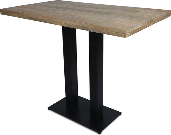 Table bar Palermo avec plateau en bois de manguier de 160 x 80 cm laqué couleur naturelle et 2 pieds noirs sur plaque de base.