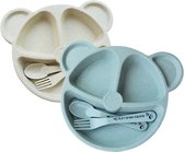Zigla - Kinderbestek – Baby Bestek – Baby Servies – Kinderbord met Vakjes – Oefenbestek – Bord/Vork/Lepel – Crème/Blauw – Set van 2