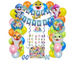 Joya Party® Shark Kinder Verjaardag Versiering 128 stuks | Baby Haai Themafeest Decoratie | Inclusief Feest Ballonnen, Slingers, Toppers & Accessoires | Kinderfeest Versiering