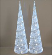 LED kegel/piramide kerstboom lamp - 2x - wit - rotan/kunststof - H59 cm