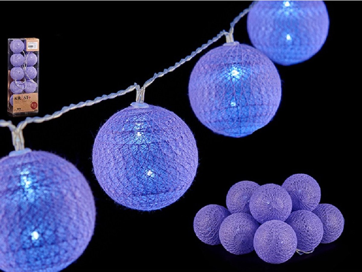 Krist+ lichtsnoeren 10 led balletjes - 2x - lila paars - 150 cm -batterij