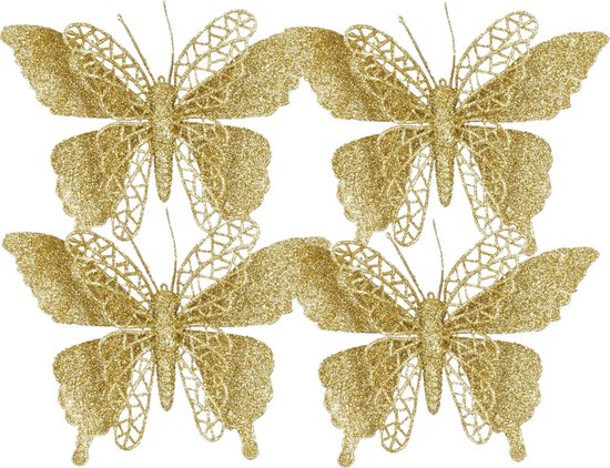 House of Seasons kerstboomversiering vlinders op clip - 4x st - goud - 16 cm