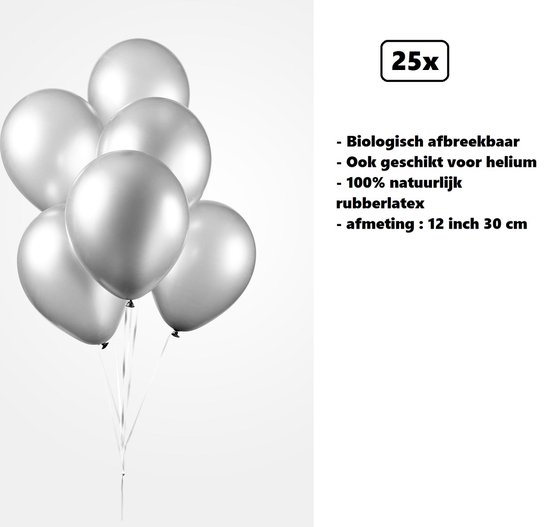 25x Ballonnen 12 inch pearl zilver 30cm - biologisch afbreekbaar - Festival feest party verjaardag landen helium lucht thema