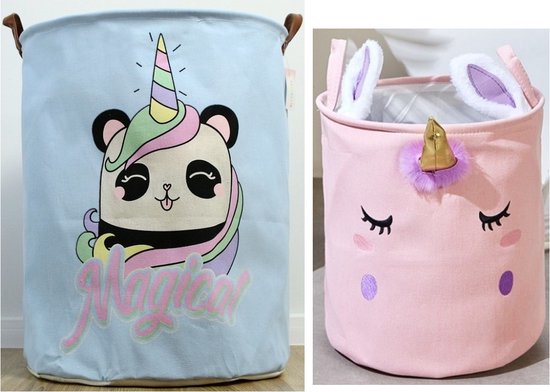 Panier à Jouets Enfants 2 Pièces - Panier de Rangement Chambre d'Enfant - Panier à Linge Pliable - Sac de Rangement Jouets - Panda Magique + Unicorn - 40x50cm + 28x34cm