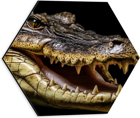 Dibond Hexagon - Krokodil opent zijn bek en laat tanden zien voor zwarte achtergrond - 30x26.1 cm Foto op Hexagon (Met Ophangsysteem)