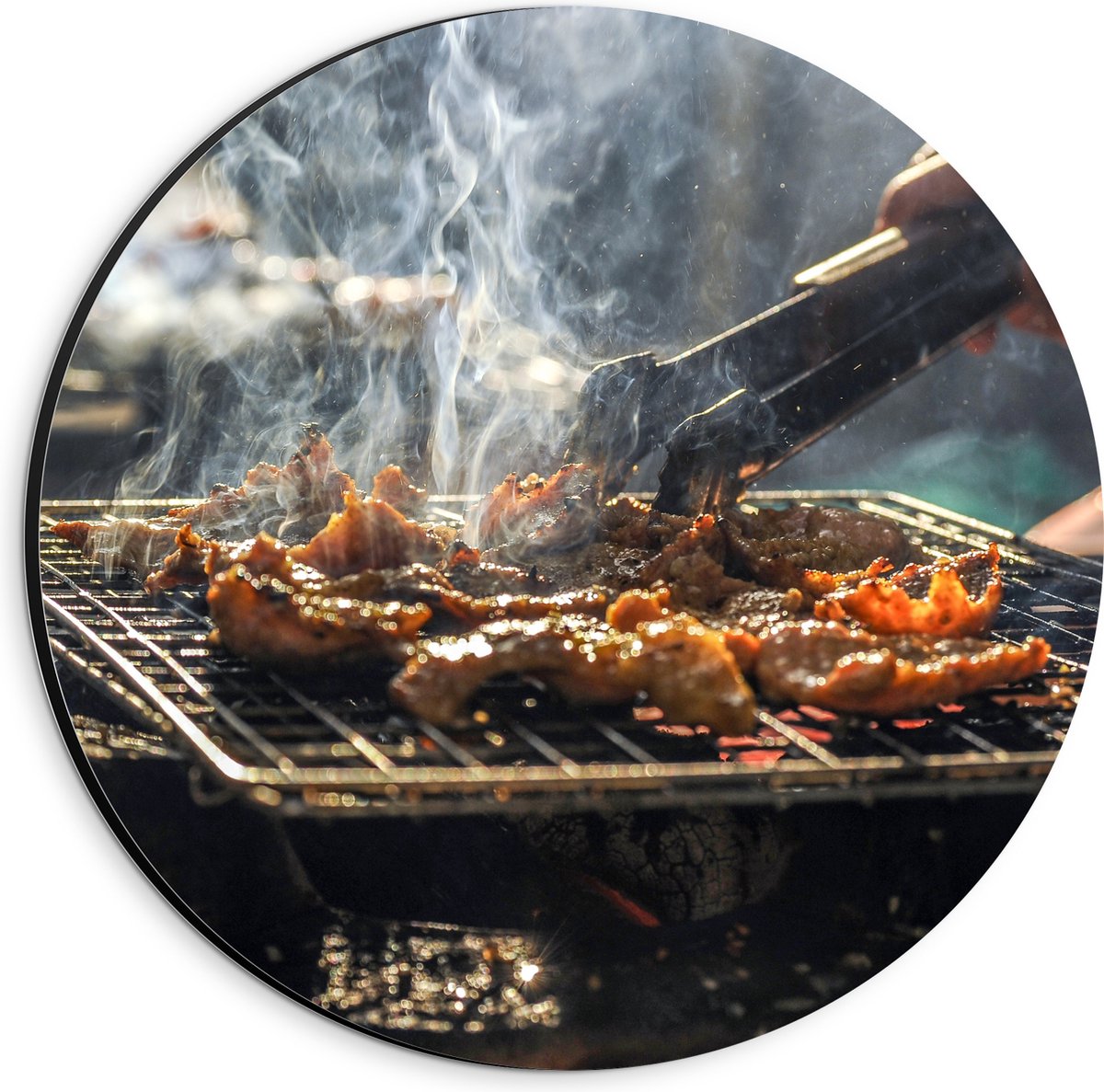 Dibond Muurcirkel - Barbecue - Kool - Rook - Tang - Vlees - Bakken - Eten - Buiten - 20x20