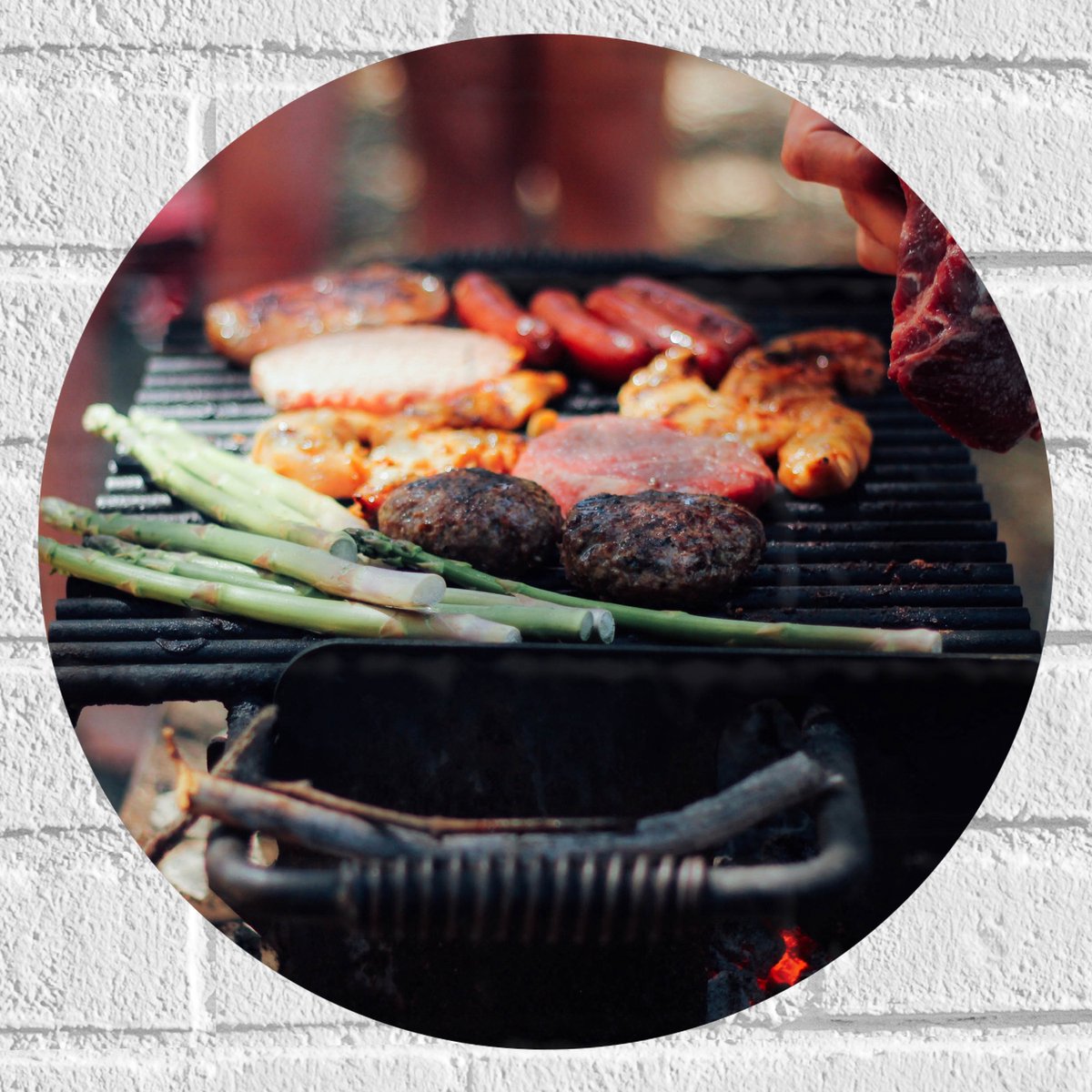 Muursticker Cirkel - Barbecue - Vlees - Groenten - Kolen - Natuur - 40x40 cm Foto op Muurs