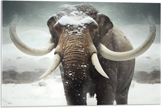 Acrylglas - Olifant met grote slagtanden in de sneeuw - 75x50 cm Foto op Acrylglas (Wanddecoratie op Acrylaat)