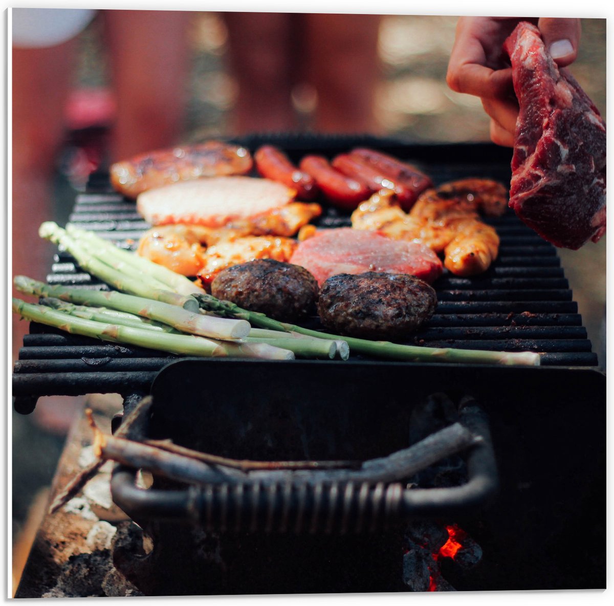PVC Schuimplaat- Barbecue - Vlees - Groenten - Kolen - Natuur - 50x50 cm Foto op PVC Schui