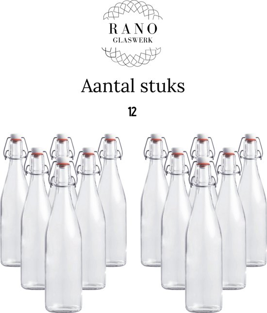 RANO - 12x beugelfles 500ml | porseleinen dop | Luchtdicht | fles met beugelsluiting | beugelflessen | weckfles | inmaakfles | sapfles | glazen flesjes met dop | decoratie