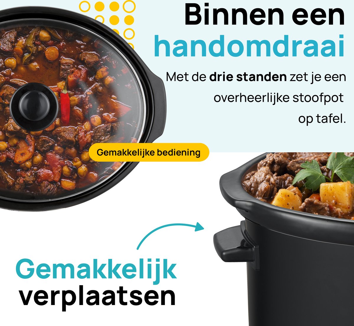 MOA 6,5L Slowcooker met 3 Warmtestanden - Ø 24,5cm - Keramische Binnenpan - PFAS- & BPA-vrij - Doorzichtige Deksel - Vaatwasserbestendig - Zwart – foto 4