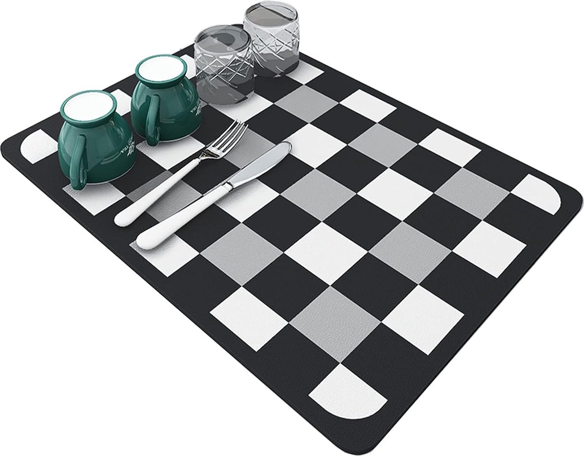 Goedkoopste Afdruipmat, sneldrogend, super absorberende droogmat, antislip, voor keuken voor het drogen van servies en glazen, 30 x 40 cm, zwart-wit geruit