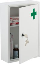 Relaxdays wit medicijnkastje - EHBO-kastje met slot - groen kruis - 2 vakken - metaal