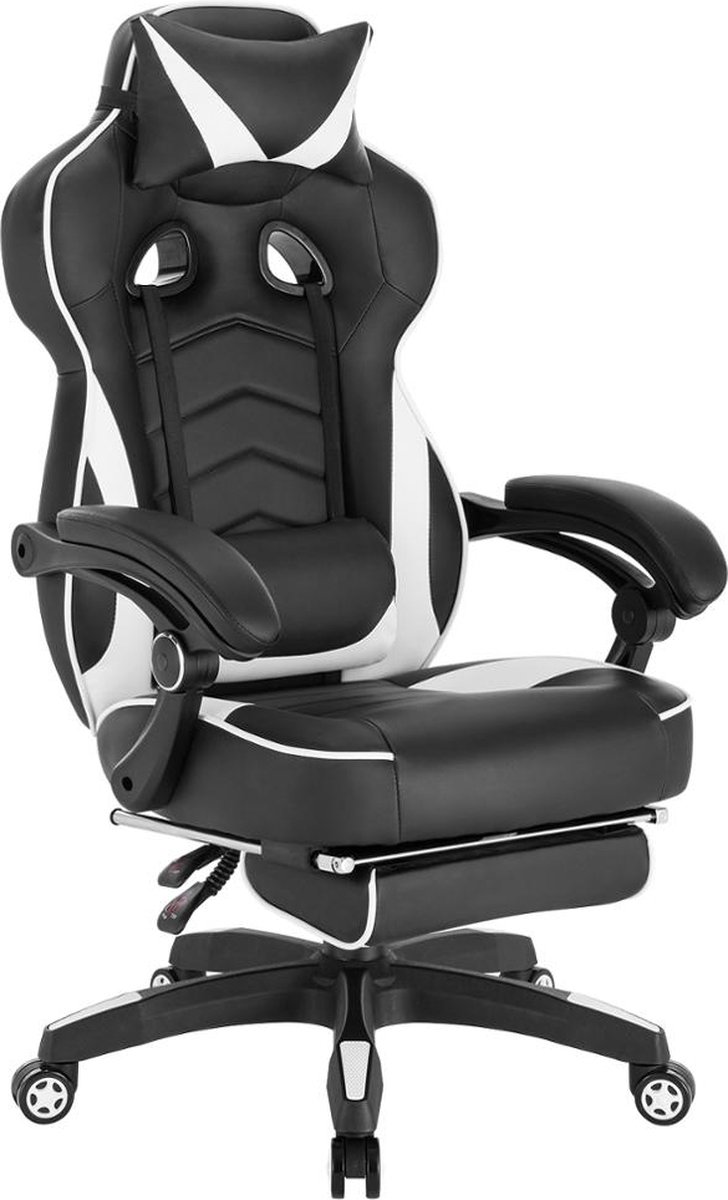 GoobiSales Luxe Gamestoel - met Voetsteun - Hoofdsteun - Ergonomisch - Game bureau - Bureaustoel - Verstelbaar - Hoogwaardig materiaal en Duurzaam - Gamestoelen - Racing - Gaming Chair - Zwart/Wit
