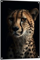 Tuinposter – Cheetah close up met zwarte achtergrond - 70x105 cm Foto op Tuinposter (wanddecoratie voor buiten en binnen)