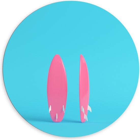 Dibond Muurcirkel - Twee Roze Surfboads tegen Felblauwe Achtergrond - 120x120 cm Foto op Aluminium Muurcirkel (met ophangsysteem)