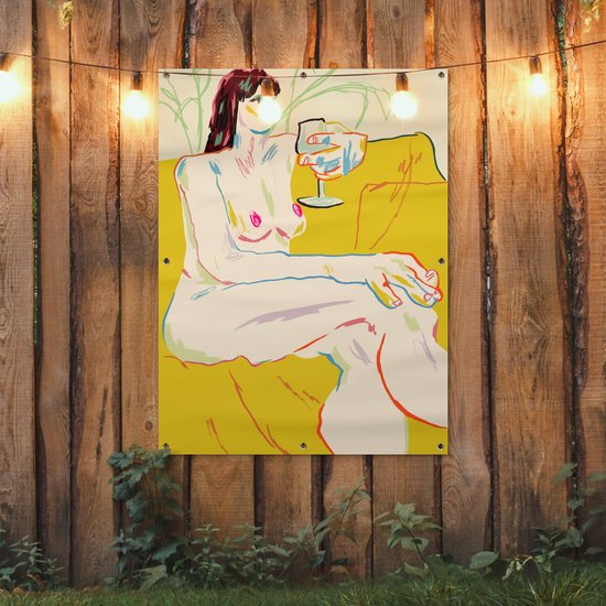 Affiche de jardin - Toile de jardin - Posters de jardin extérieur - Femme - Art - Verre à vin - Jaune - 90x120 cm - Jardin