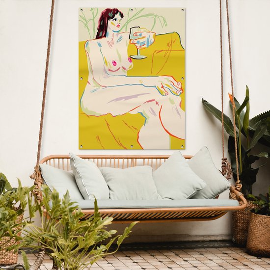 Affiche de jardin - Toile de jardin - Posters de jardin extérieur - Femme - Art - Verre à vin - Jaune - 90x120 cm - Jardin