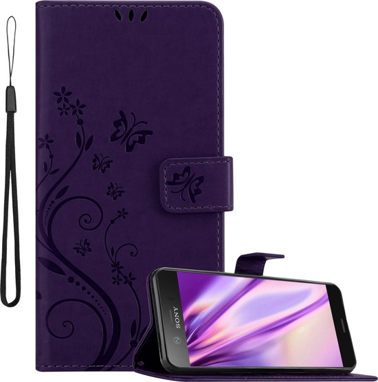 Coque Cadorabo compatible avec Sony Xperia XZ1 COMPACT en FLORAL DARK PURPLE - Coque de protection à motif floral avec fermeture magnétique, fonction support et fentes pour cartes