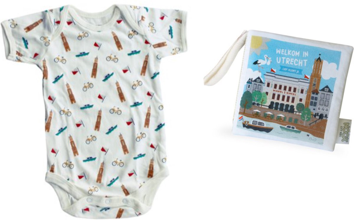 Goedkoopste Combideal Utrecht met rompertje all-over print 3-6 mnd en zacht babyboekje - 100 katoen - fairly made - duurzaam en origineel kraamcadeau
