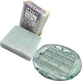 Zeephouder van glas met blok zeep Lavendel 100gr - Natuurlijke ingrediënten - Zeephouder van gerecycled glas - Gebaseerd op essentiële oliën uit Grasse - Mondgeblazen zeephouder