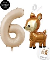 Snoes - Bambi Basis ballon set XXL Cijferballon Zand Beige 6 - Lief Hert + Cijfer Ballon 6 Jaar - Helium Geschikt