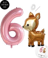 Snoes - Bambi Basis ballon set XXL Cijferballon Baby Pink 6 - Lief Hert + Cijfer Ballon 6 Jaar - Helium Geschikt