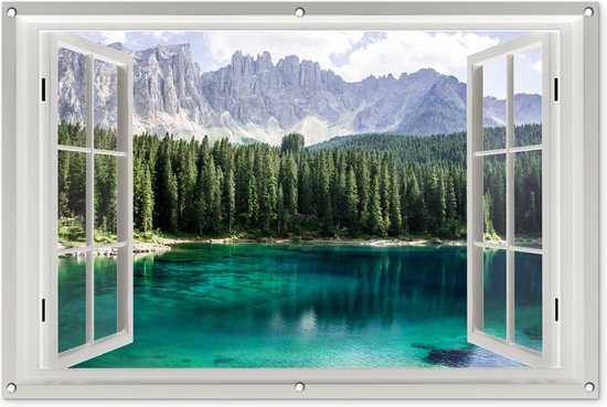 Foto: Tuin poster tuin decoratie doorkijk meer bos berg tuinversiering terras tuindecoratie wanddecoratie muurdecoratie buiten 120x80 cm buitenschilderijen voor in de tuin decoratie tuin om op te hangen tuindoek buitenposter