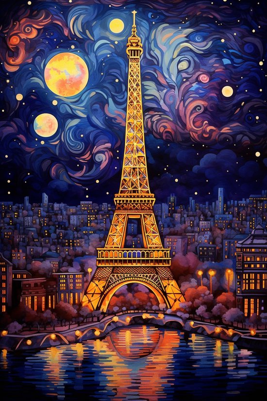 Sterrennacht Poster | Starry Night Parijs | Parijs Poster Abstract | Eiffeltoren Poster Abstract | Woondecoratie | 61x91cm | Geschikt om in te Lijsten