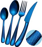 Bestekset voor 6 personen, modern gehamerd, met ultrascherp 2-in-1 gekarteld mes, bestekset 18/10 roestvrij staal, 24-delig, messenvorken, lepelset, vaatwasmachinebestendig (blauw)