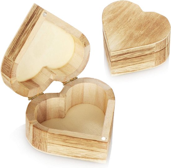 2x houten kist in hartvorm - houten kist juwelendoos - klein houten kistje met deksel - decoratief juwelendoosje - houten kistje (2 stuks - hart)