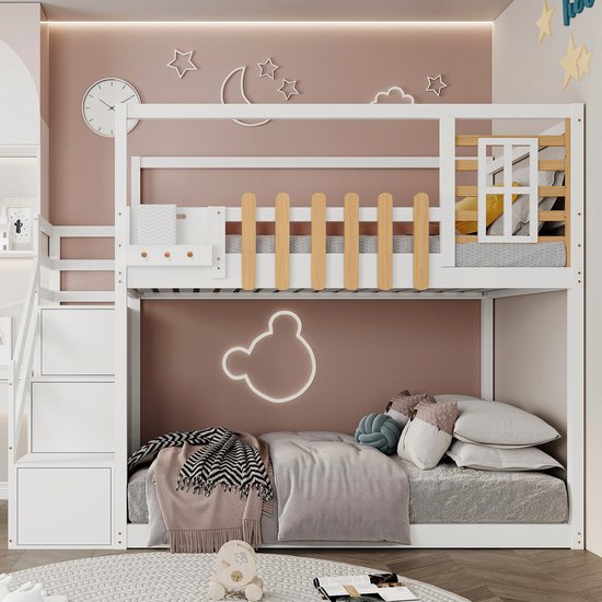 Lit superposé avec escalier / fenêtre et étagère - cadre en pin massif - lit  bébé avec... | bol.com
