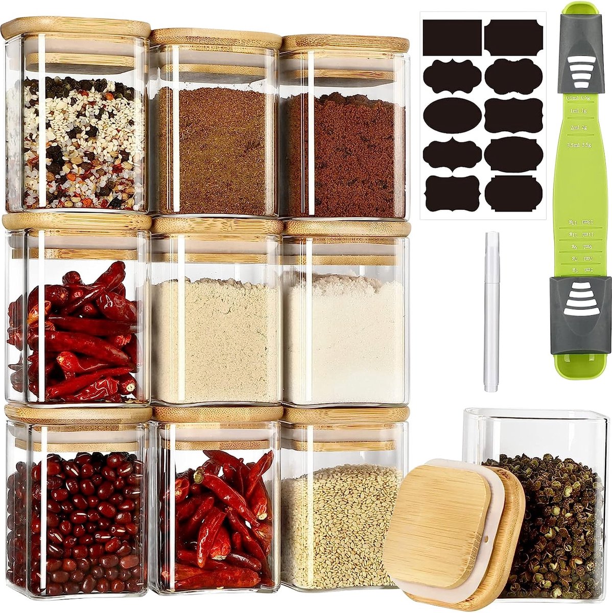 Voorraaddozen glas met deksel, 10 stuks, 220 ml, kruidenpotjes, rechthoekig, houten deksel, stapelbaar design, bordsticker, krijtstift en 2 maatbekers, glazen glazen potten voor koffie, thee,
