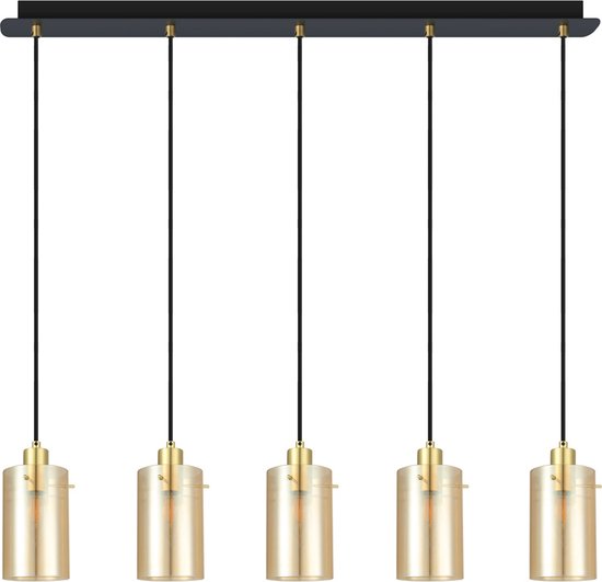 Moderne mat zwarte en zand gouden hanglamp met amberkleurig glas 5-lichts - Seattle