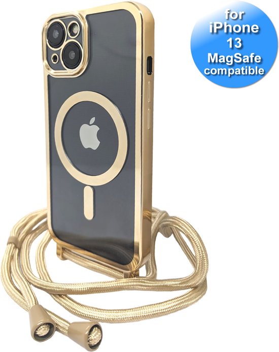 Coque iPhone 13 avec cordon - MagSafe - avec protection d'objectif -  Transparente - Or