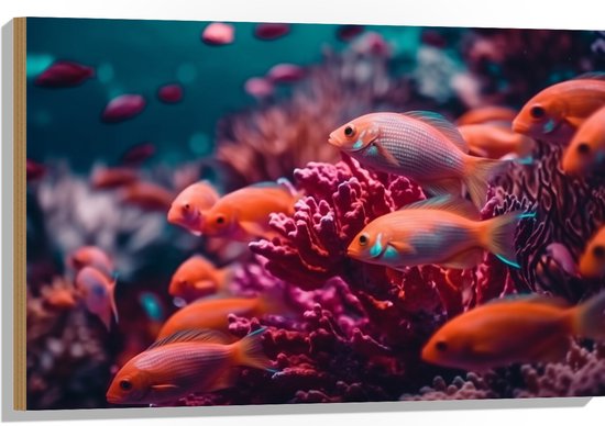 Hout - Groep oranje vissen zwemmen door een roze koraal heen - 90x60 cm - 9 mm dik - Foto op Hout (Met Ophangsysteem)