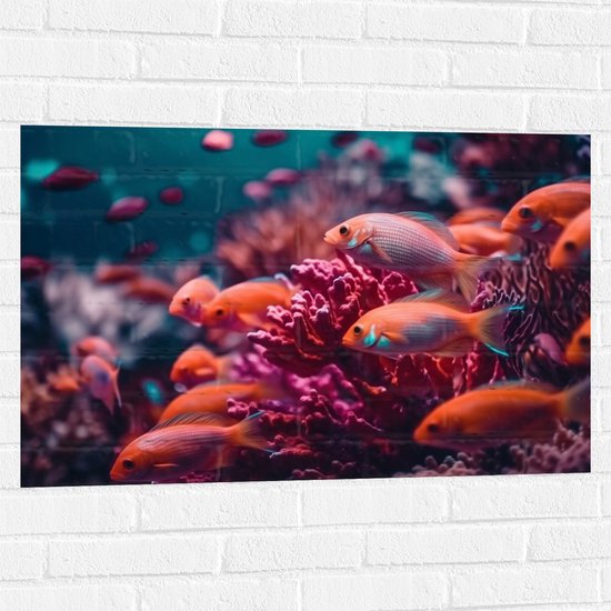 Muursticker - Groep oranje vissen zwemmen door een roze koraal heen - 90x60 cm Foto op Muursticker