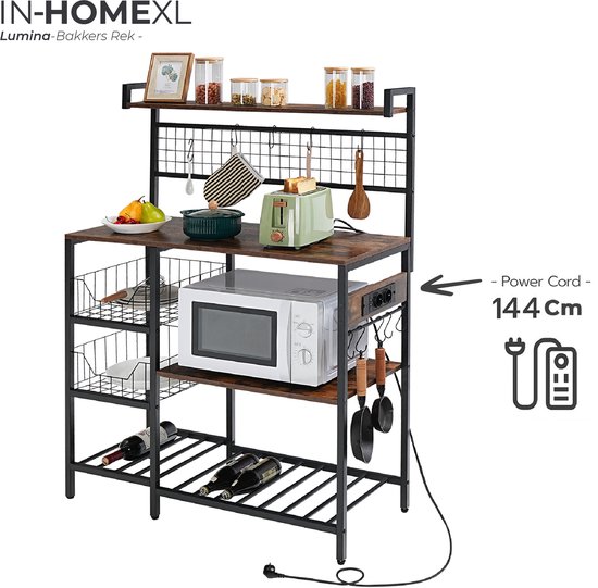 IN-HOMEXL Keukenkast Lumina - Keukentrolley - Opbergrek - Bakkersrek met stopcontact - Industrieel - Hout/Metaal - 90x40x132 cm