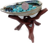 Cadeaubox Edelstenen - Schat van Turquoise box - Turguoise edelsteentjes - Rozenkwarts bol - Abalone schelp - driepoot standaard