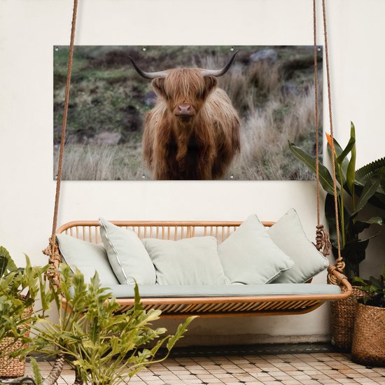 Décoration murale d'extérieur Scottish Highlander - Mousse - Herbe - 160x80 cm - Toile de jardin - Poster extérieur