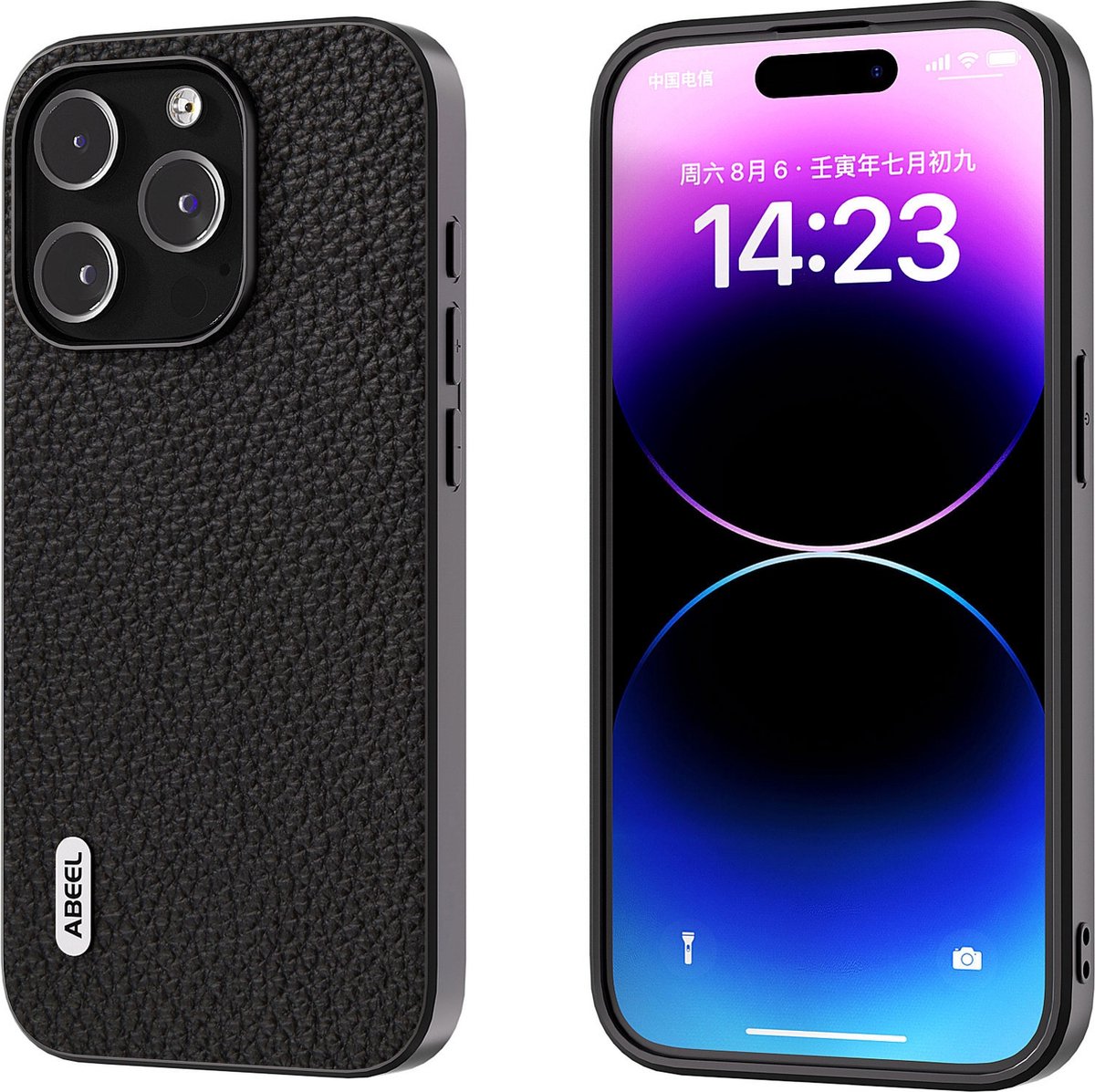 ABEEL lederen telefoonhoesje voor iPhone 14 Pro in het zwart met relief