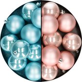Decoris - kerstballen -24x st - mix lichtroze/ijsblauw - 6 cm - kunststof - kerstversiering