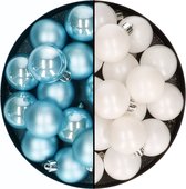 Decoris kerstballen 32x st - mix winter wit/ijsblauw - 4 cm - kunststof - kerstversiering