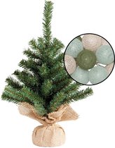 Mini kunst kerstboom groen - met verlichting bollen groen/lichtroze - H45 cm